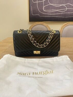 Sara Burglar Black Quilted Leather Shoulder Bag with Gold Chain OBO